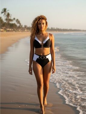 Cupshe Black and White High-Waist Bikini with Ring Accents